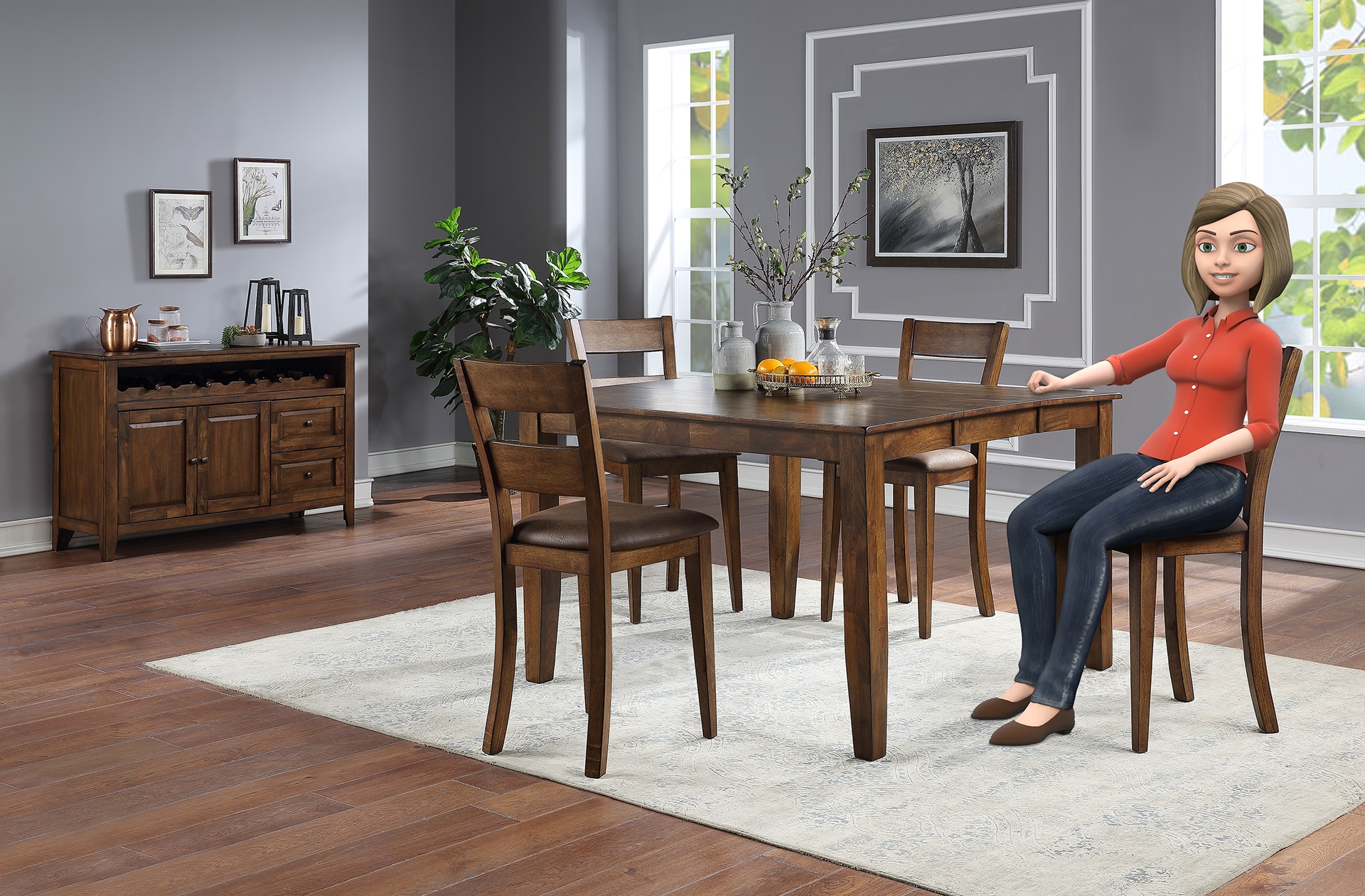 3D animated woman sitting at a dining table in a modern room with decor