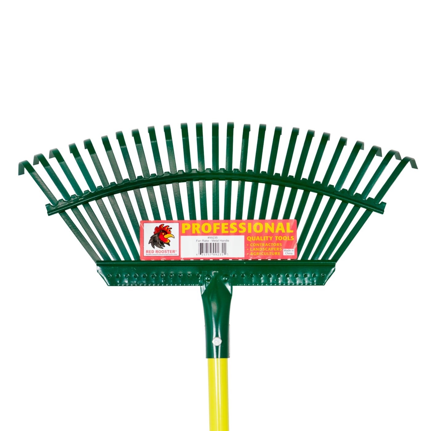 Green and yellow garden rake on a white background