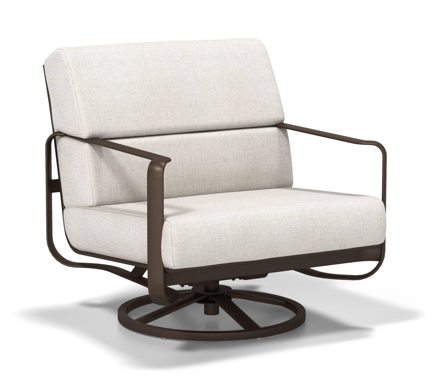 Modern swivel chair with beige cushions and a dark metal frame