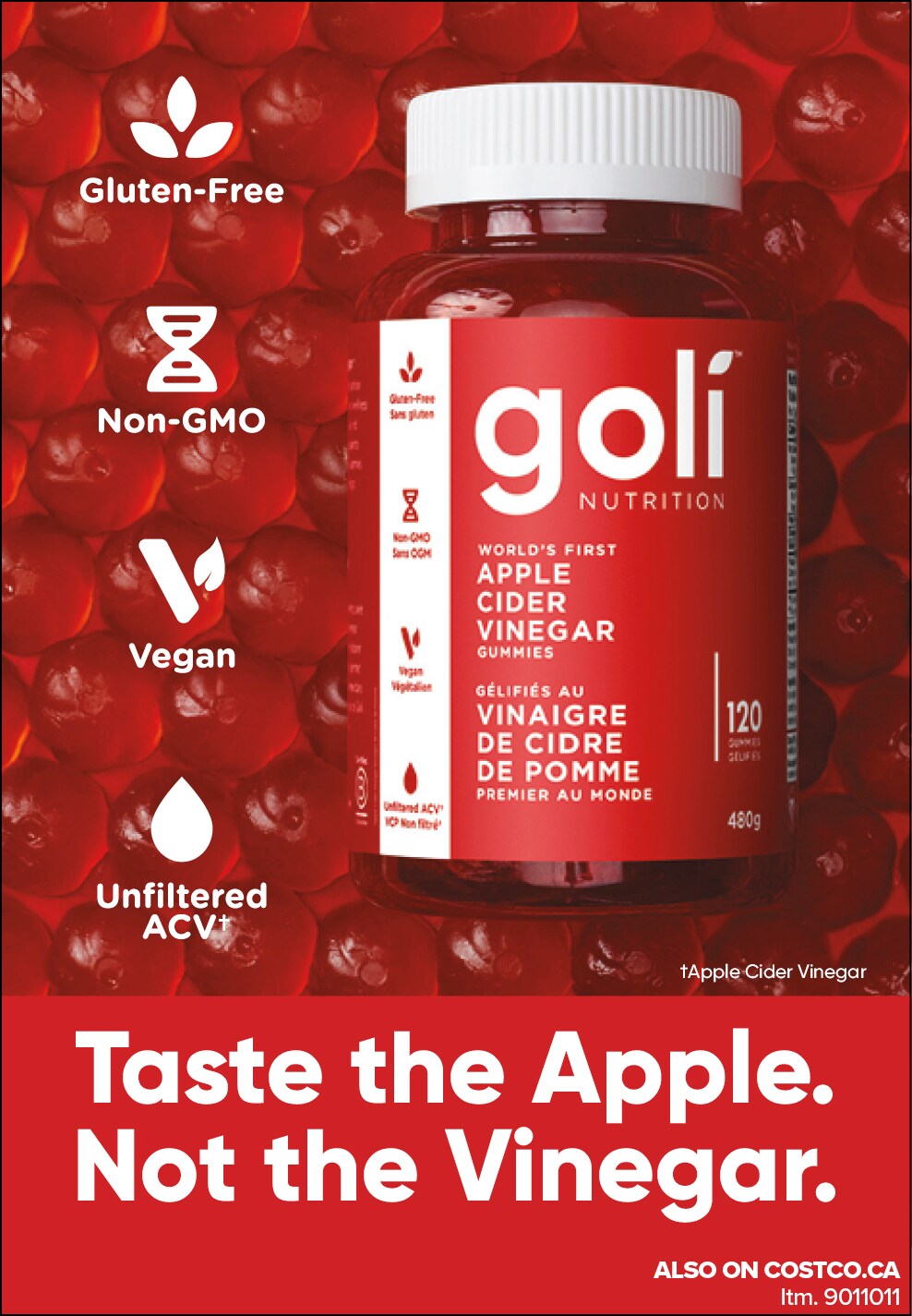 Ad for Goli apple cider vinegar gummies, with text "Taste the Apple. Not the Vinegar," against a red apple background