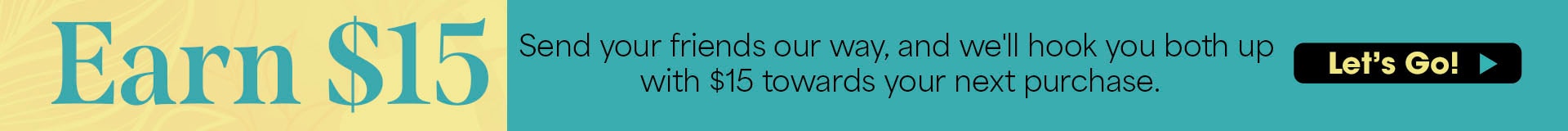 Banner with text "Earn $15" on a yellow-green gradient background with a blurry "www" icon on the right