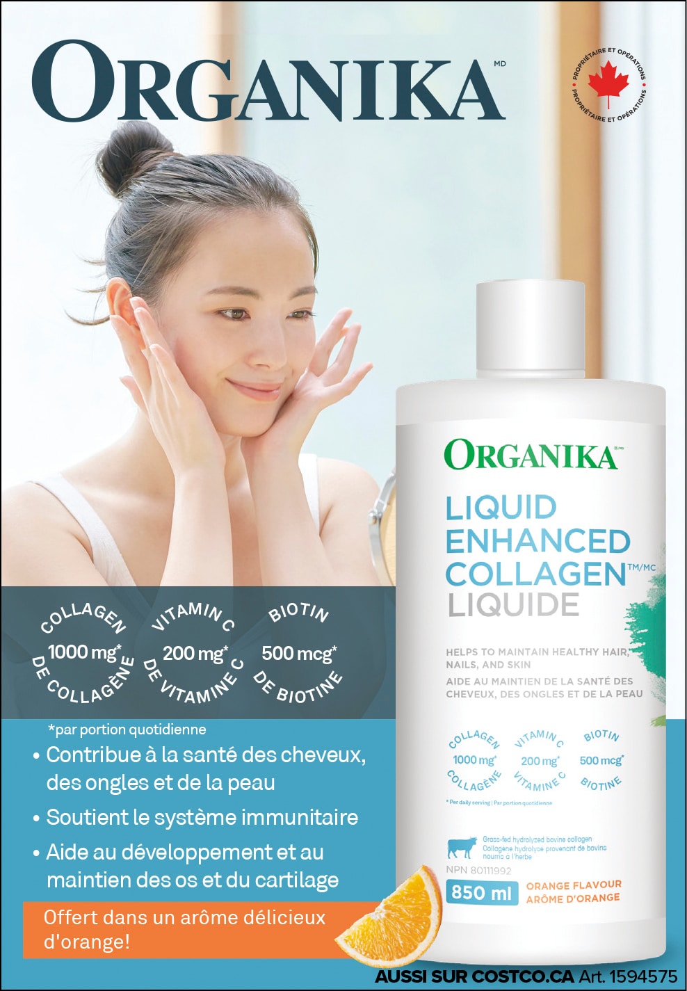 Publicité pour Organika Enhanced Liquid Collagène avec femme asiatique souriante et emballage du produit