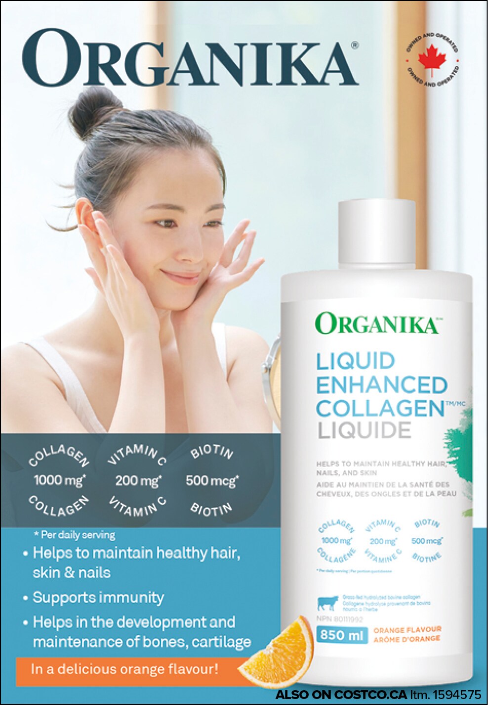 Ad for Organika Enhanced Liquid Collagen, featuring a smiling woman with product bottle and health benefits listed