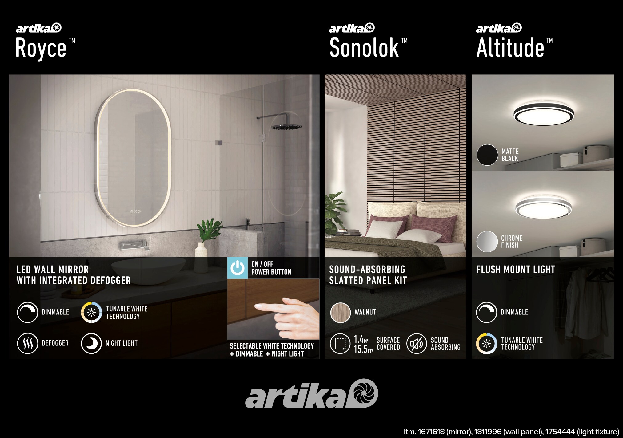 Ad for Artika lighting fixtures featuring models Royce, Sonolux, and Altitude with different room setups