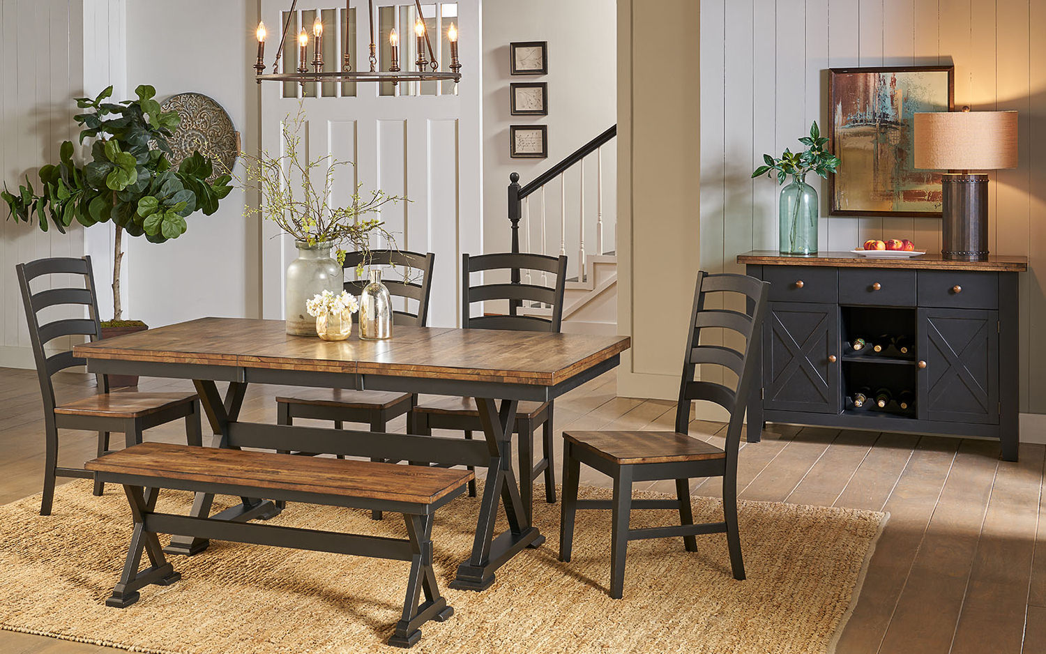 Elegant dining room with wooden table, chairs, bench, and a sideboard