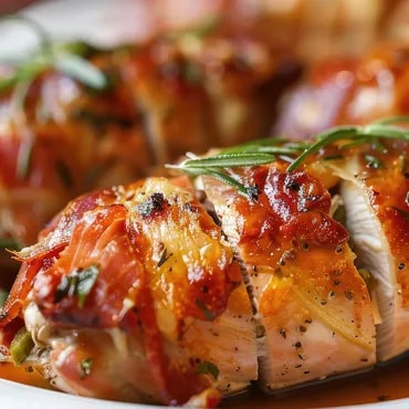 Close-up of roasted chicken with herbs and crispy skin
