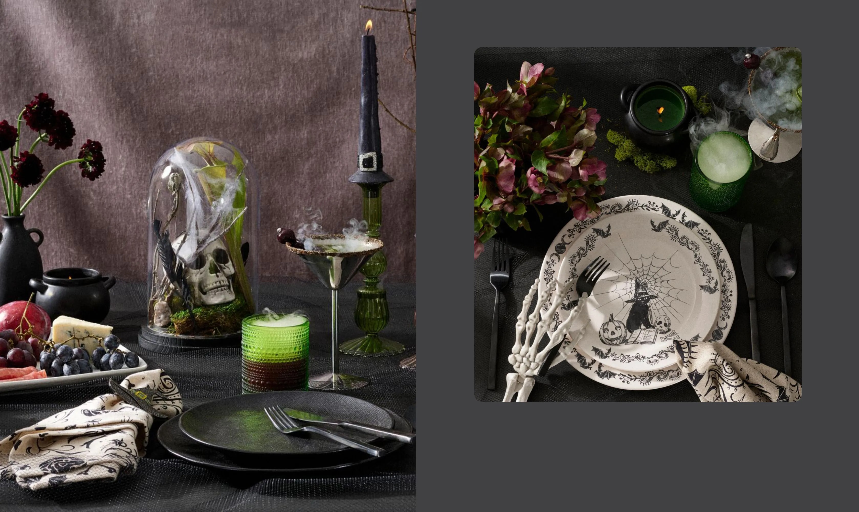 Elegant dining setup with dark themed tableware and decorative items on two panels