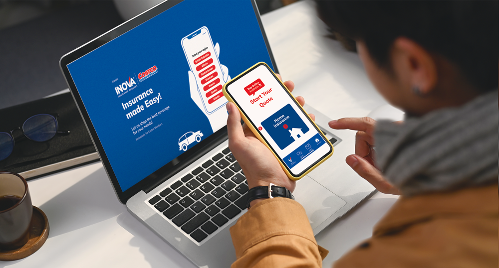Person using insurance app on phone and laptop.