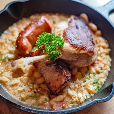 Cast iron skillet with pork chops, sausage, and beans over risotto