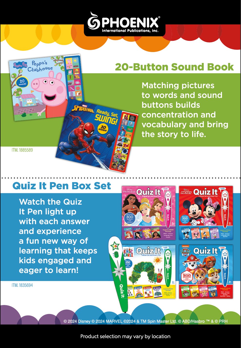 Ad for Phoenix 20-button sound books and Quiz It Pen Box Set, educational tools to enhance children's learning