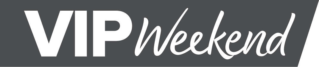 Logo with the text "VIP Weekend" in stylized white font on a gray background