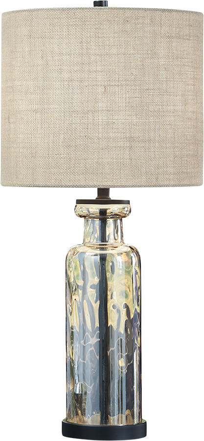 Table lamp with a reflective silver base and beige lampshade