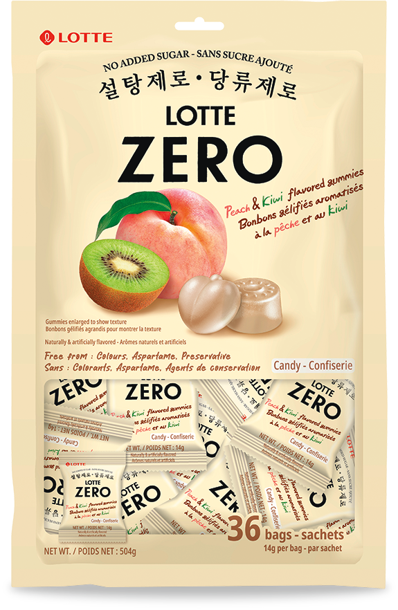 Publicité pour les bonbons à saveur de pêche Lotte Zero, sans sucre ajouté