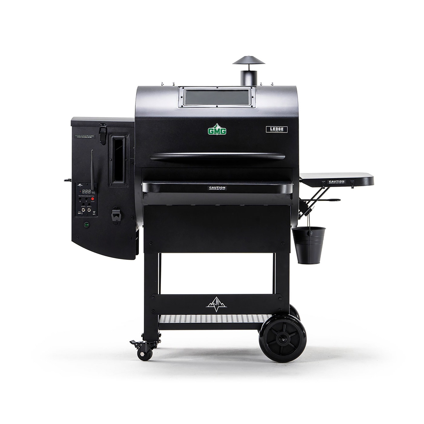 A modern black pellet grill with a side smoker and wheels, isolated on a white background