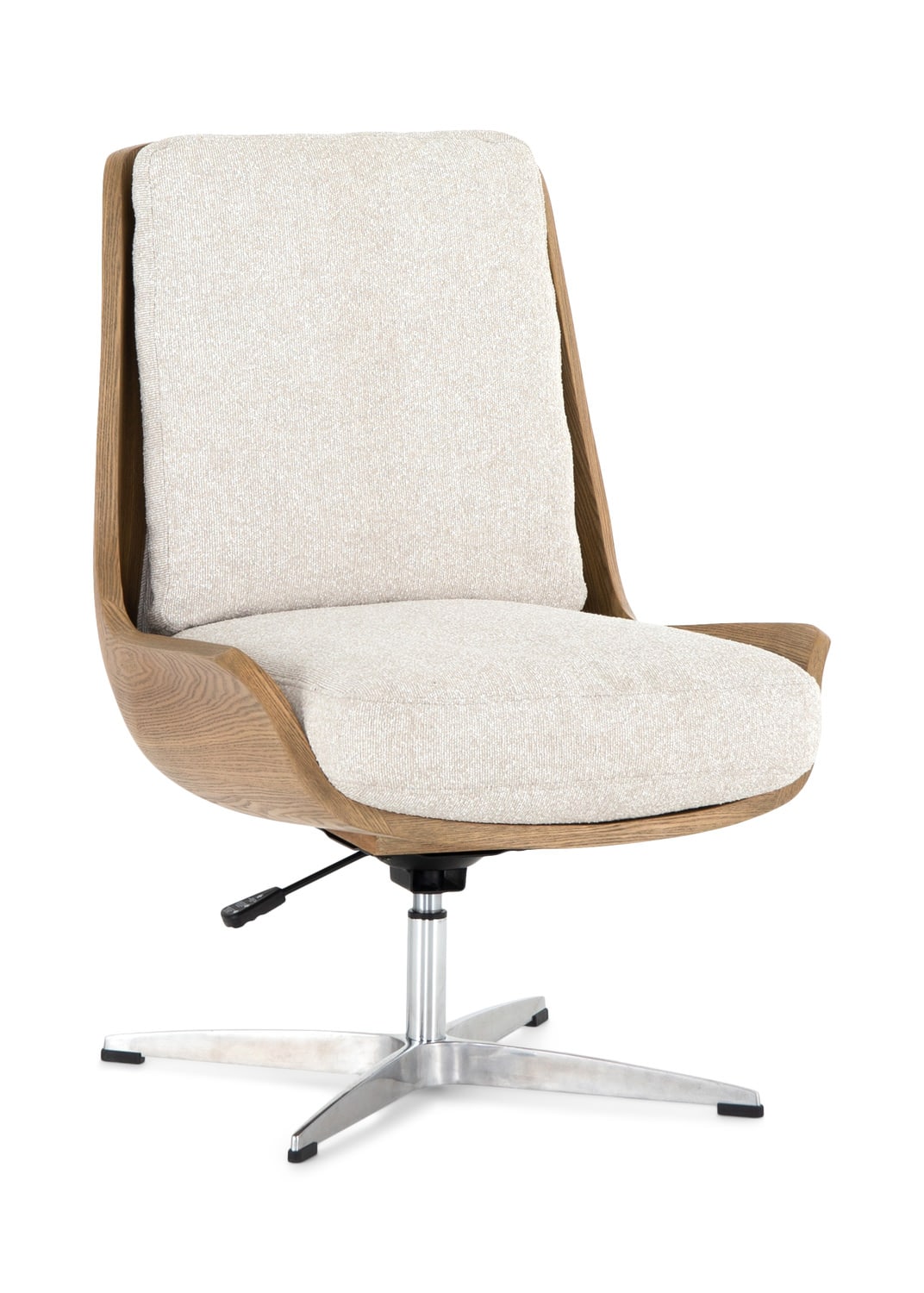 Modern beige upholstered chair with wooden backrest and metal swivel base, isolated on white background