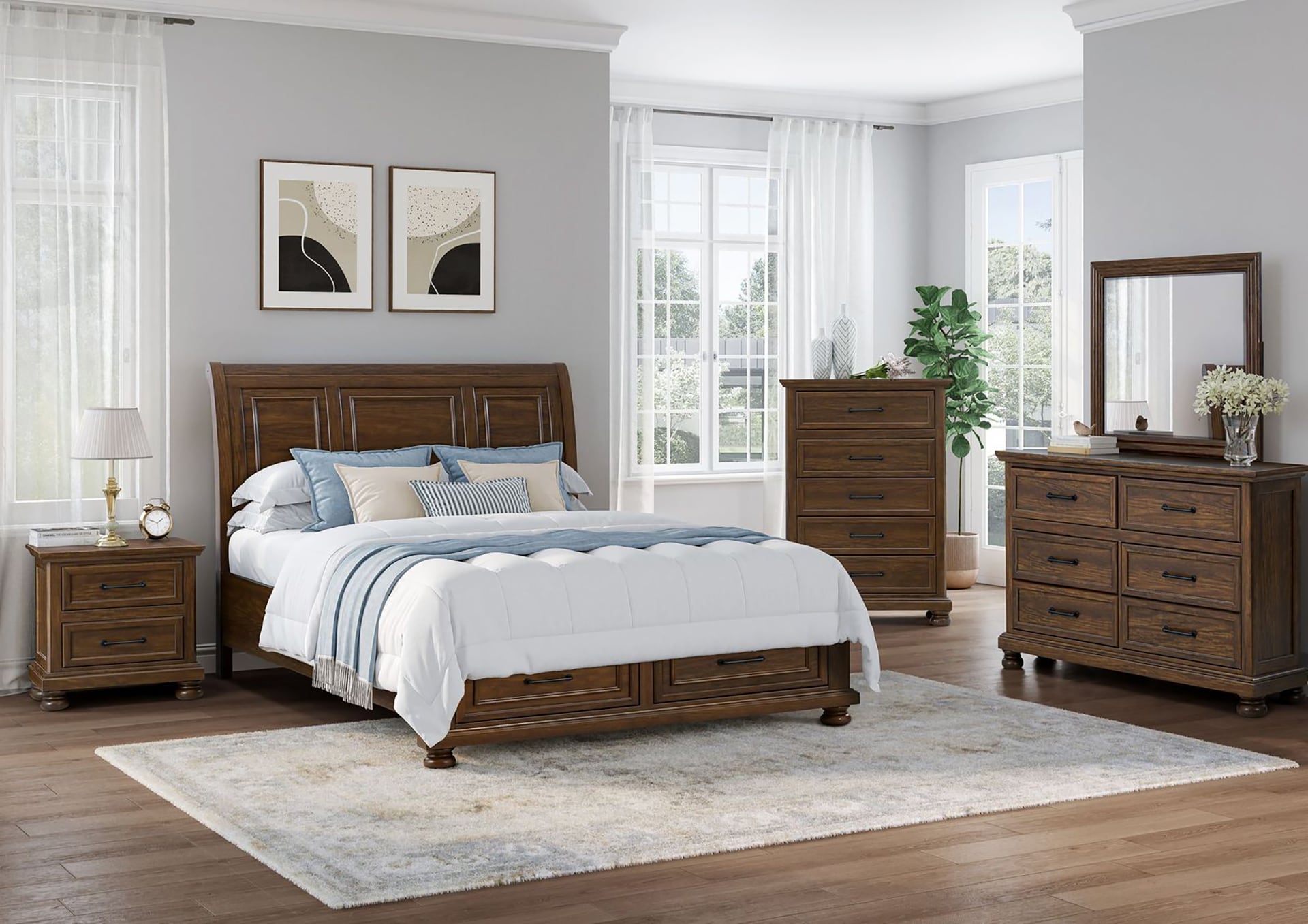 Elegant bedroom with a wooden bed, matching furniture, and large windows