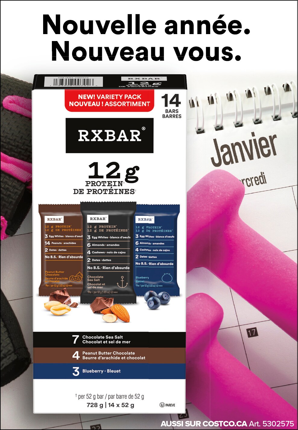 Publicité pour RXBAR avec texte "Nouvelle année. Nouveau vous.", barres protéinées et calendrier de janvier