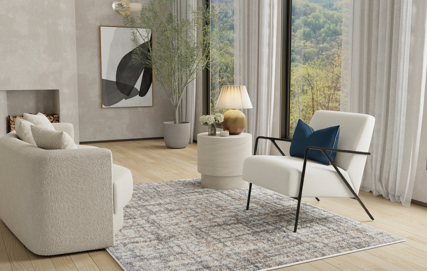 Modern living room with stylish furniture and large windows overlooking nature