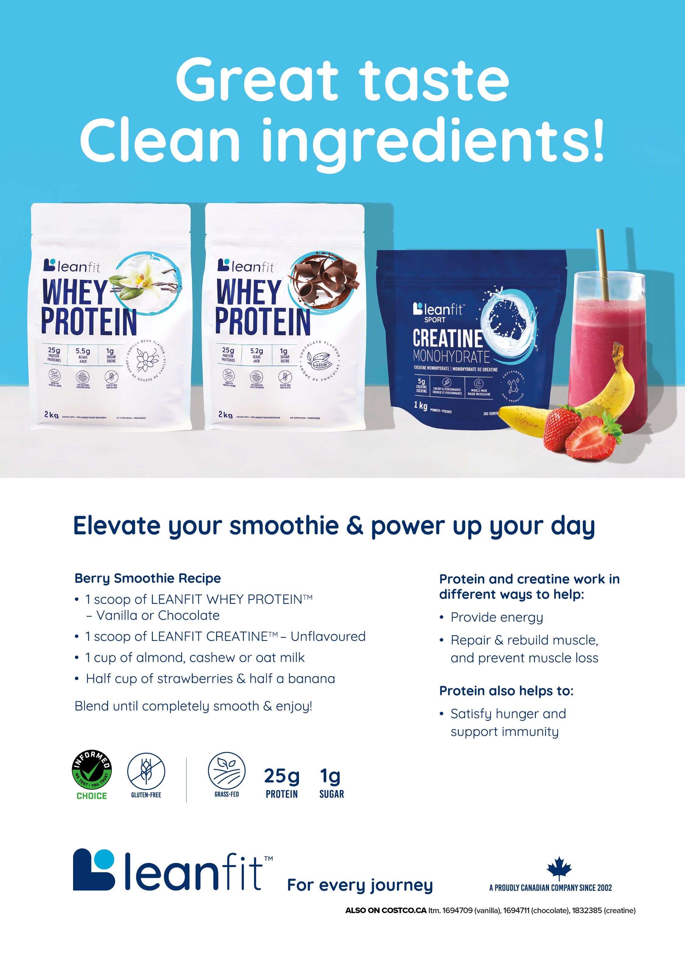 Ad for Leanfit protein products, featuring Whey Protein and Creatine packs with smoothie ingredients