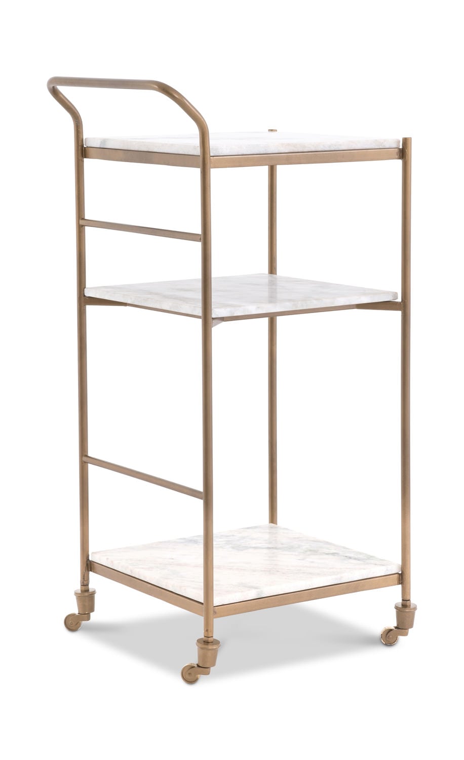 Gold-framed bar cart with three white shelves on wheels