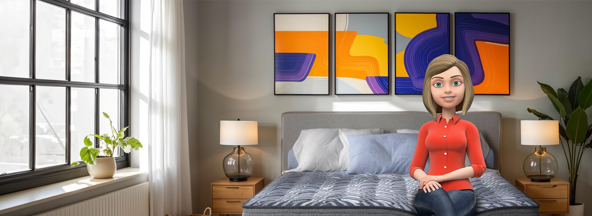 Ali sitting on a bed in a modern bedroom with abstract art on the wall