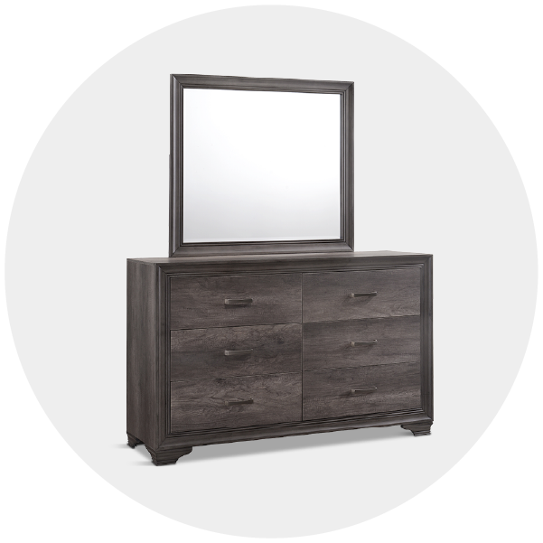 A wooden dresser with three drawers and a square mirror on top, against a white background