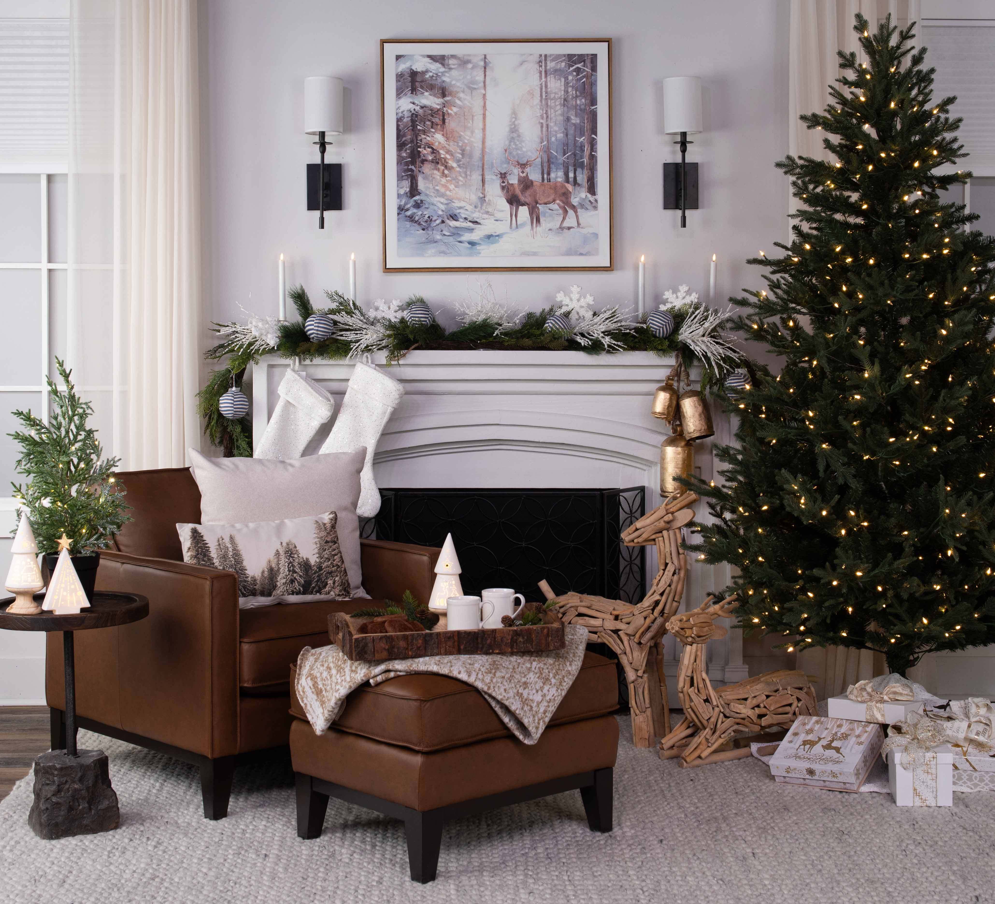 Cozy living room decorated for Christmas with tree, gifts, and fireplace