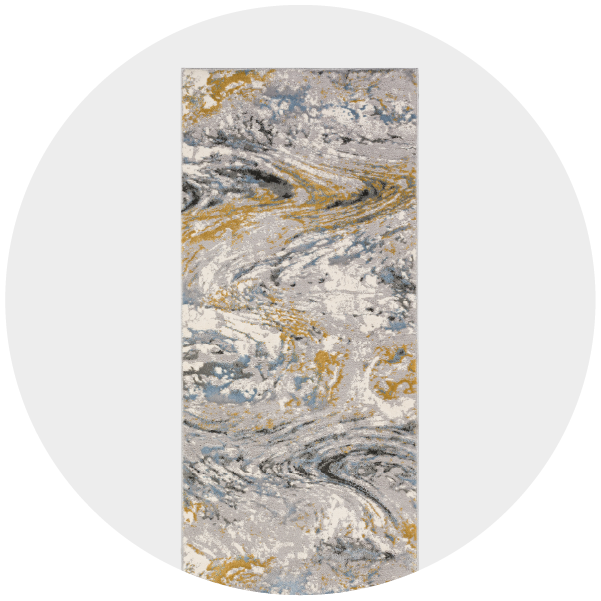 Marble pattern in gray, white, and gold swirls viewed through a circular frame
