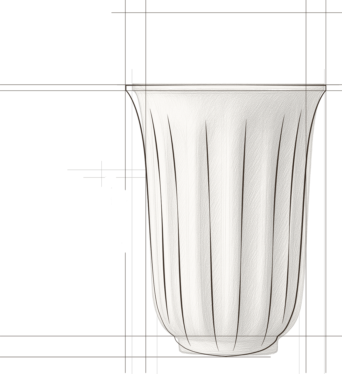 A transparent glass in the shape of a fluted vase