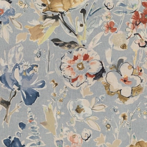 Colorful floral pattern on a textile with varied flowers in shades of blue, white, and red