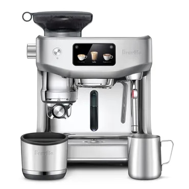 Breville Oracle Jet, a sleek, modern espresso machine with built-in grinder and milk frother for coffee brewing