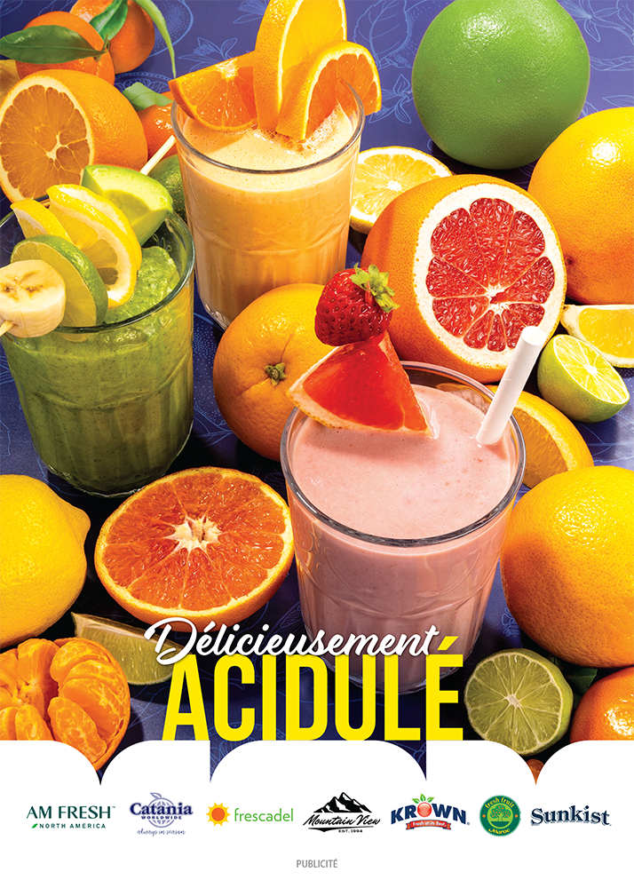 Publicité pour des jus de fruits frais avec citrons, oranges et fraises, intitulée "Délicieusement Acidulé". Marques incluses