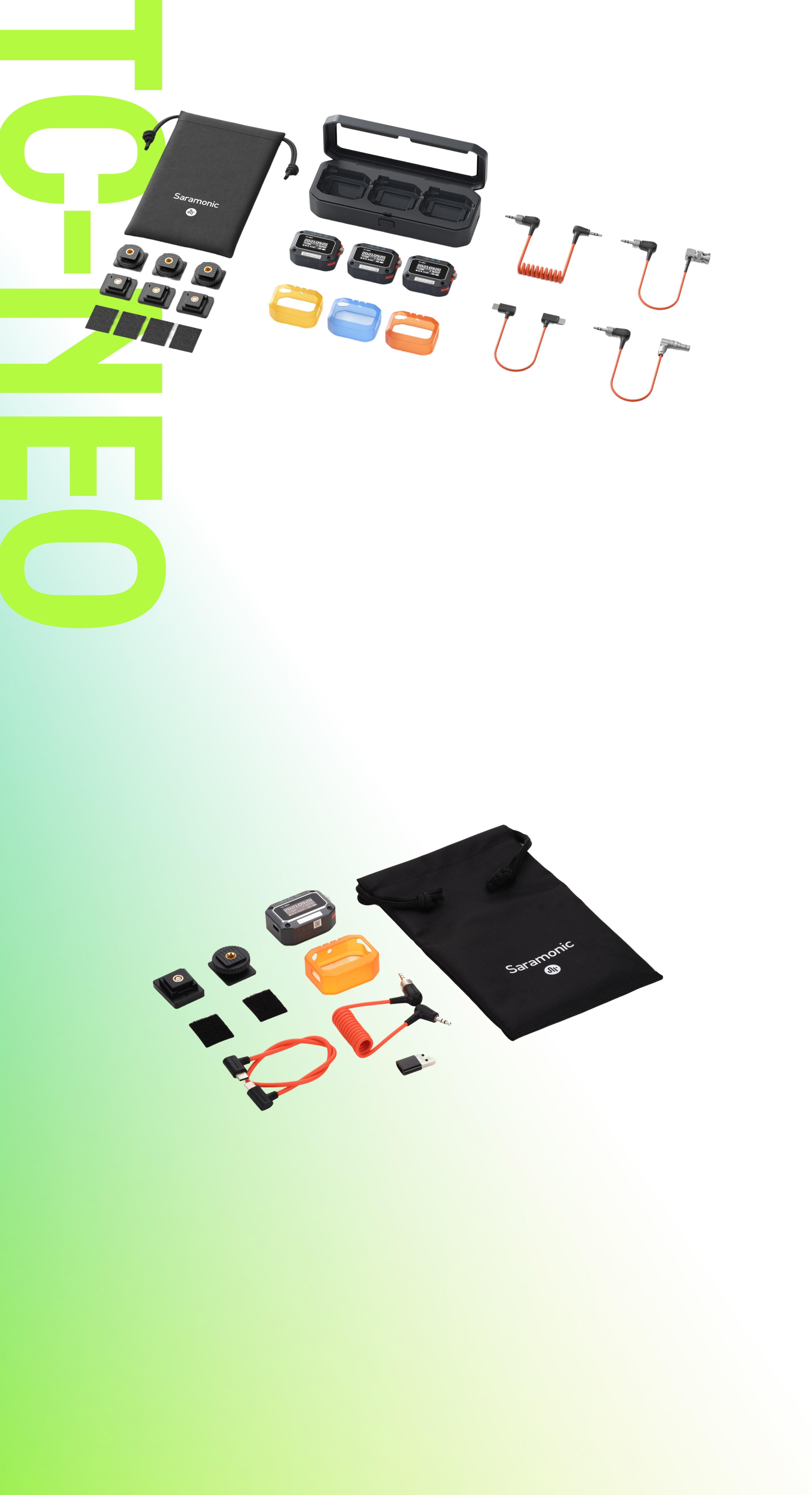 Assorted travel gadgets including a calculator, adaptors, and cables on a gradient background