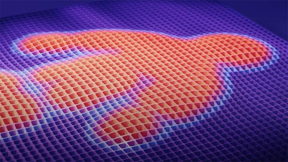 Abstract orange shape on a purple mesh grid background