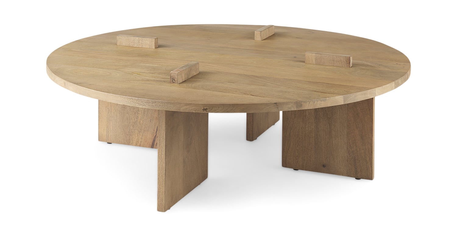 Round wooden table with three legs and three built-in trays on top