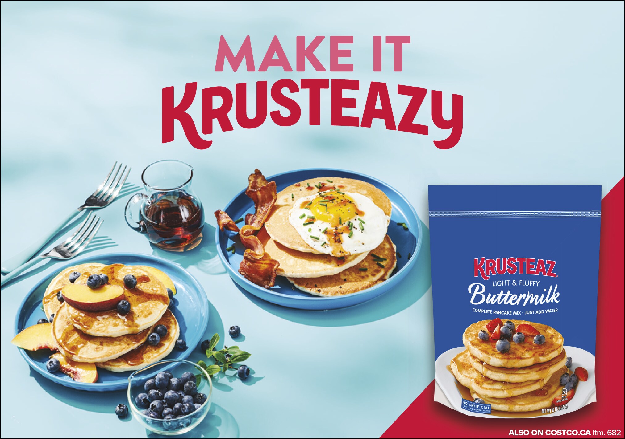 Ad for Krusteaz Buttermilk Pancake Mix, displaying pancakes with toppings and a box of the product