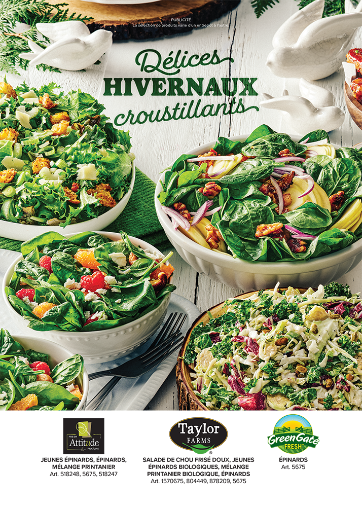 Publicité pour les salades Taylor Farms et Earthbound Farm, titrée "Délices hivernaux croustillants"
