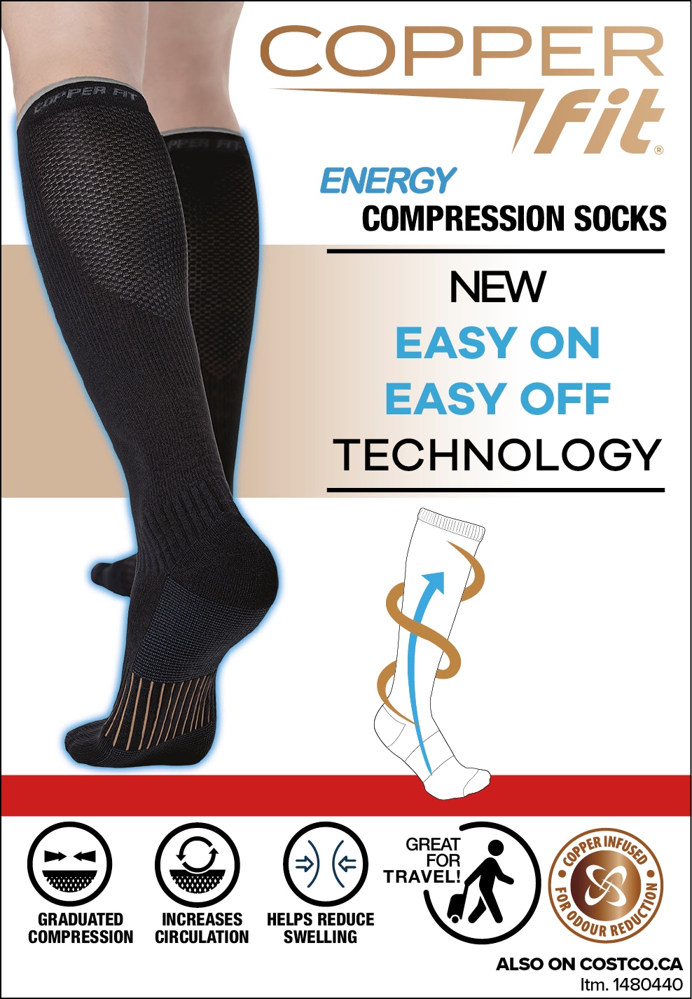 Ad for Copper Fit compression socks with new easy on/off technology, available at Costco.ca
