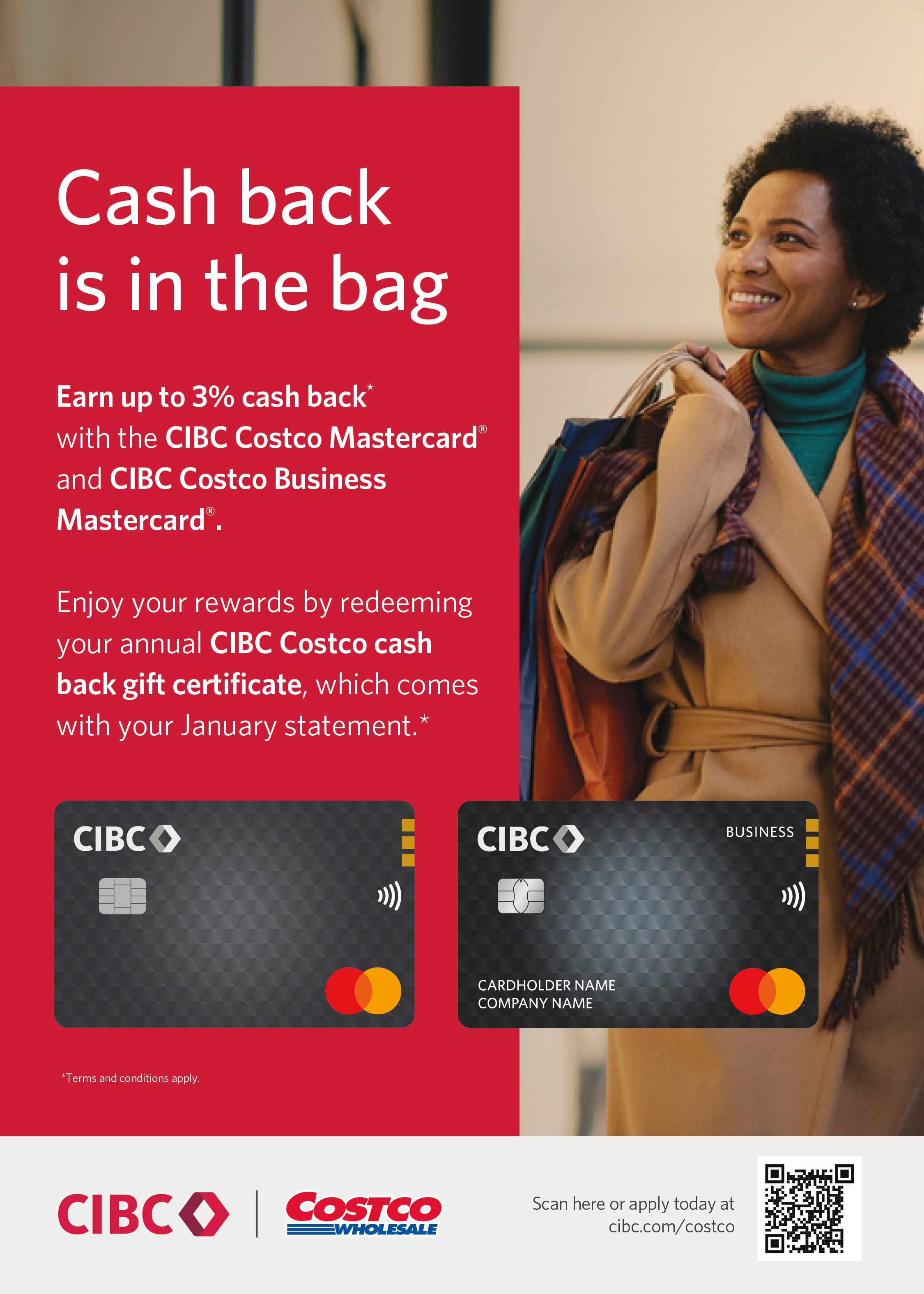 Ad for CIBC Costco Mastercard, woman smiling, text promoting 3% cash back, cards displayed