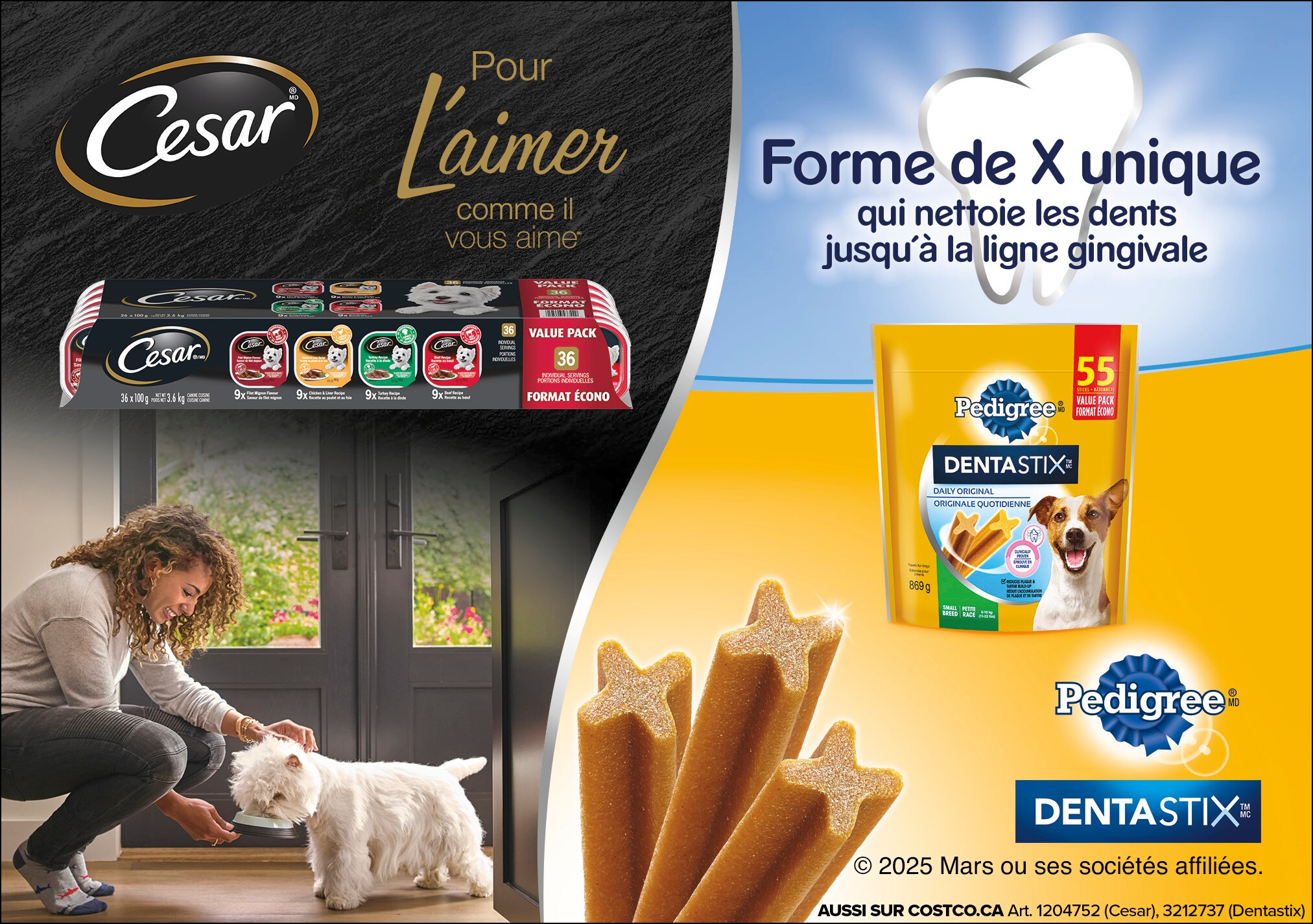 Publicité pour produits pour chiens, Dentastix et nourriture Cesar, avec femme caressant un chien blanc