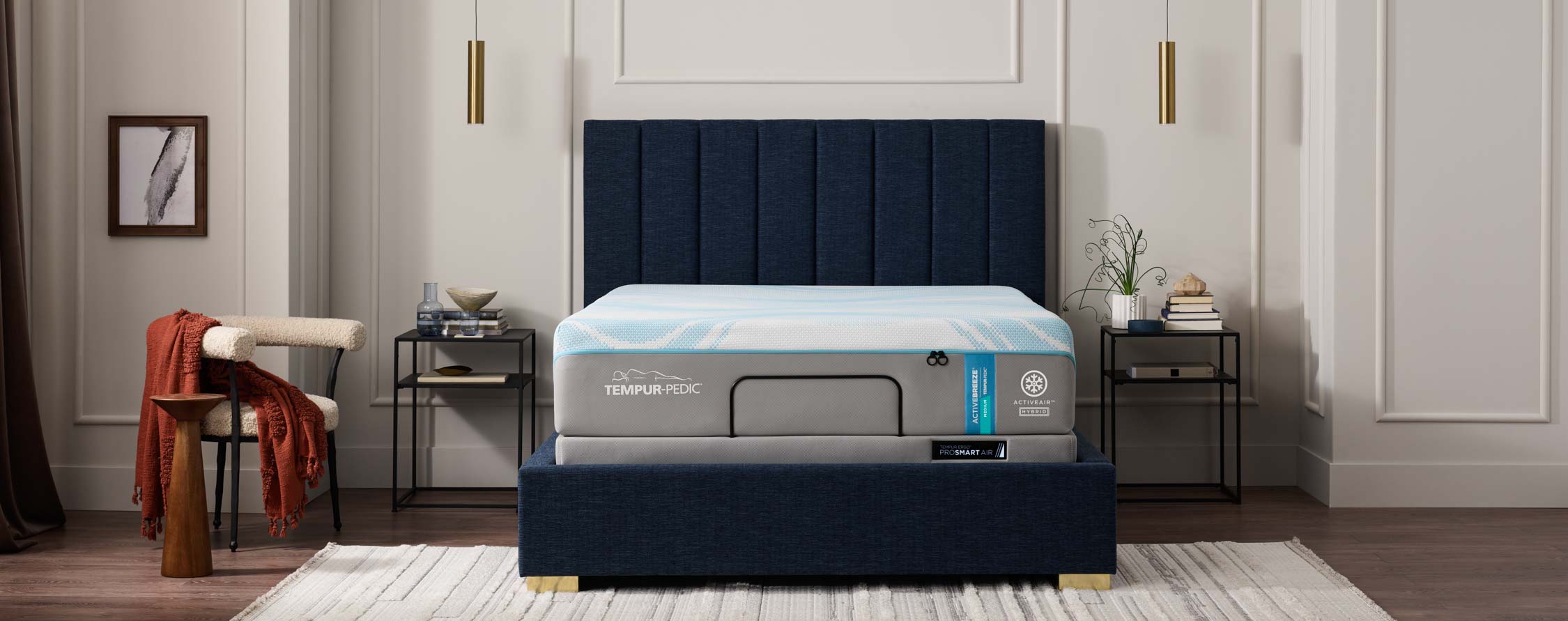 Cutaway view of a mattress showing internal layers in a stylish bedroom setup