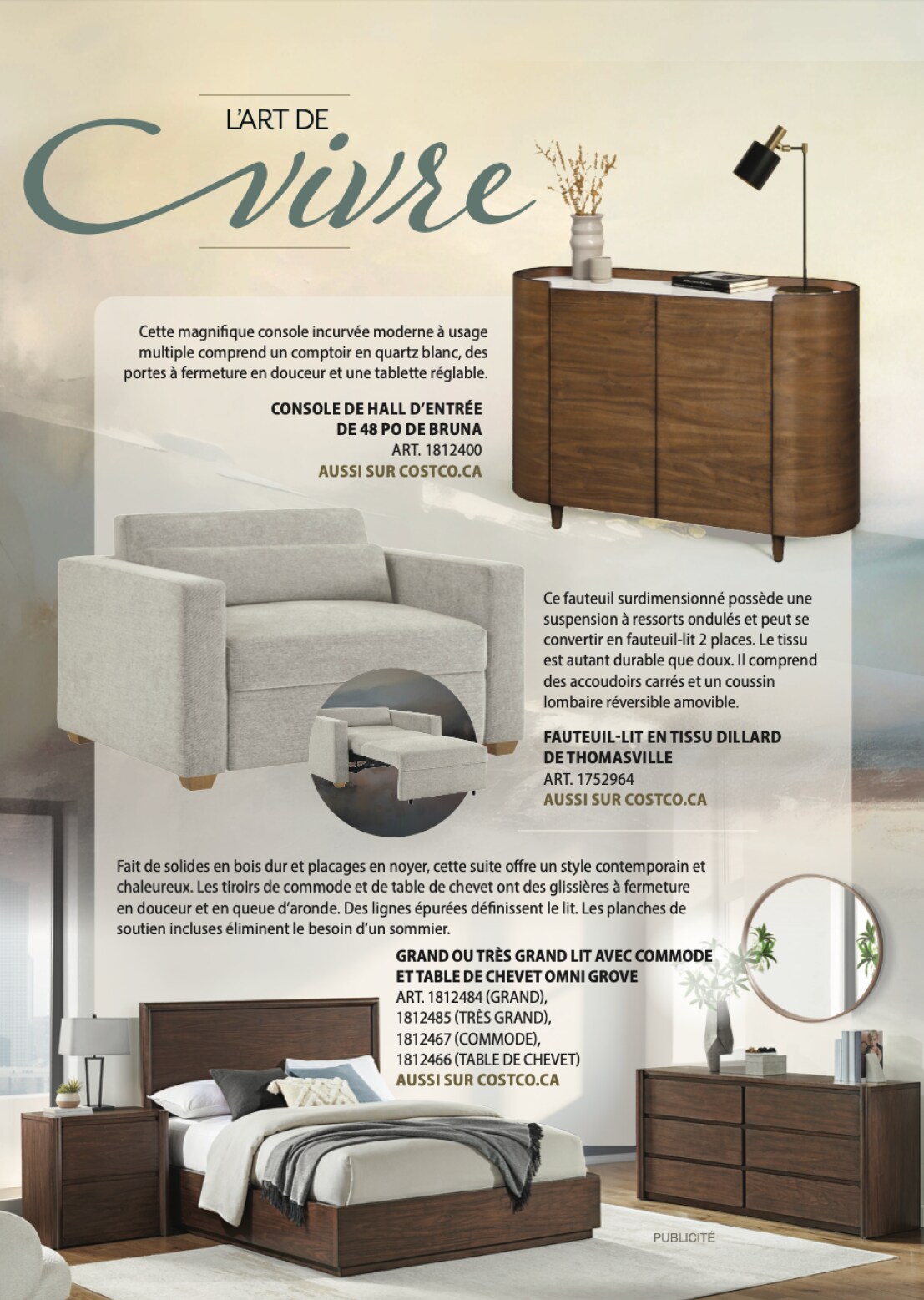 Publicité de meubles contemporains incluant un canapé, un lit, et une commode en bois