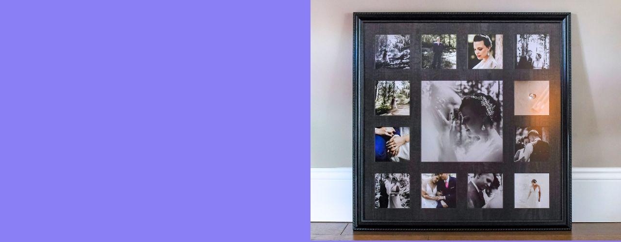 A digital photo frame displaying a grid of various photos, against a purple background wall