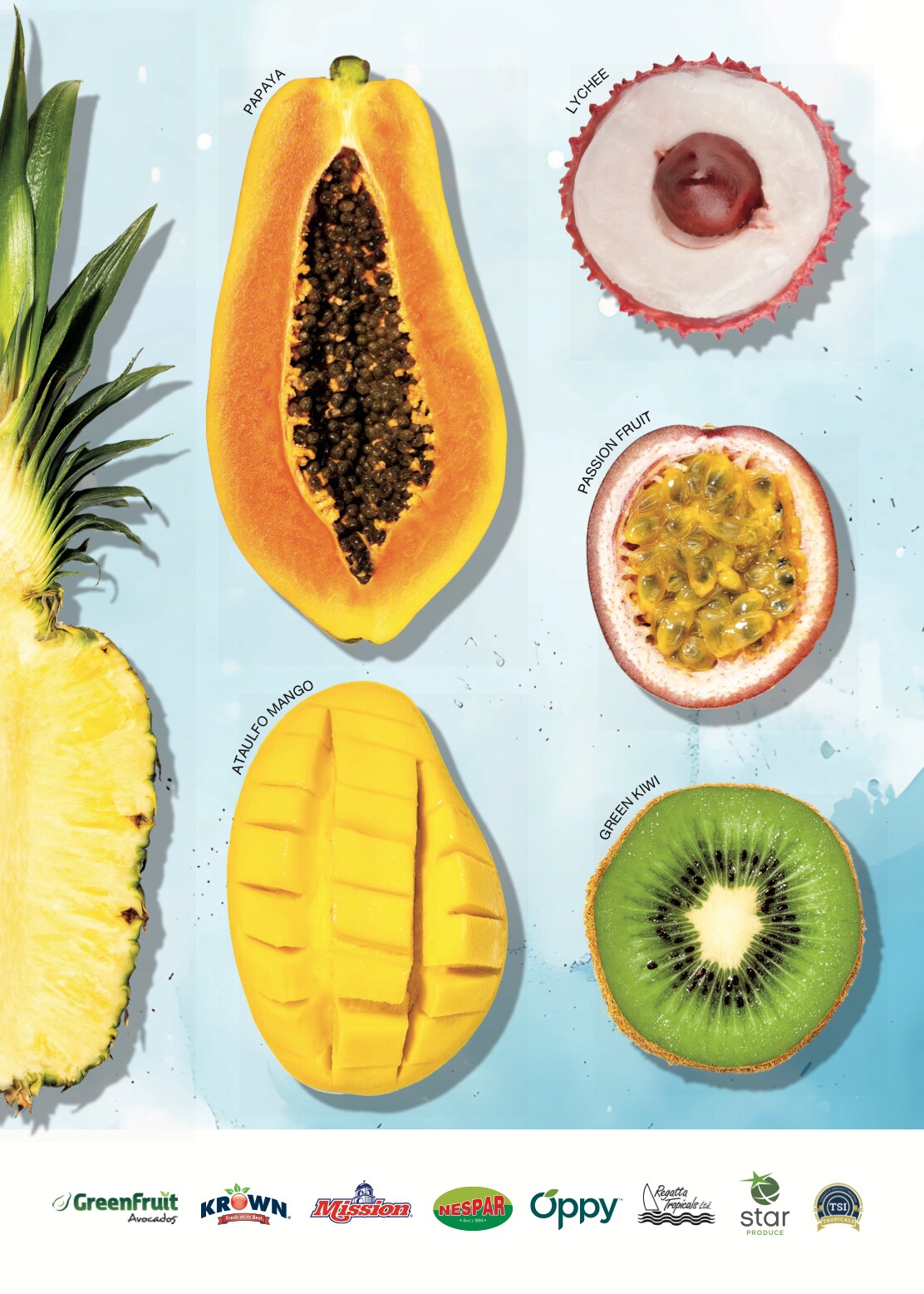 Ad for fresh tropical fruits including papaya, mango, lychee, passion fruit, and kiwi, sold by Greenfruit and Oppy