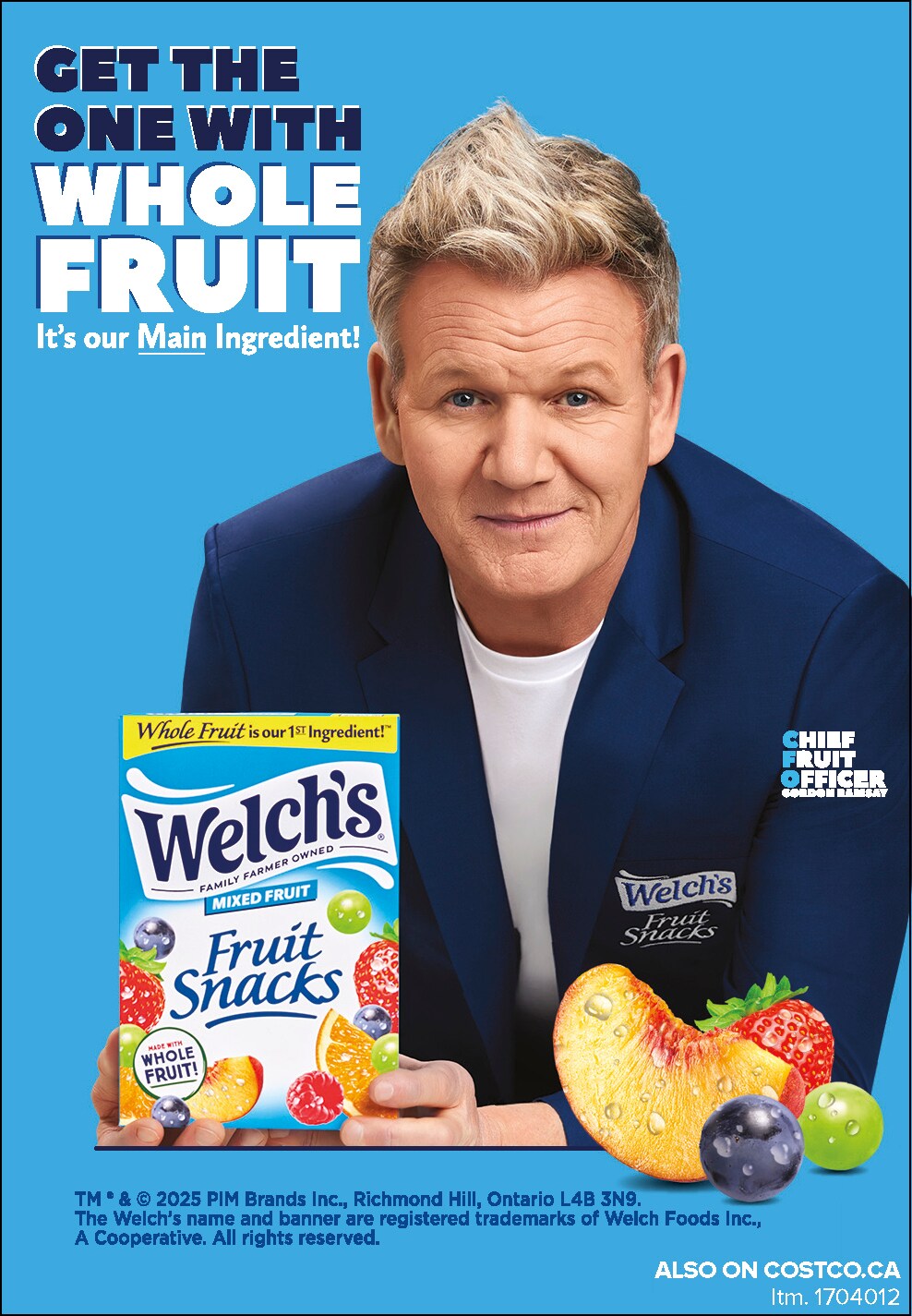 Ad featuring man holding Welch’s Fruit Snacks, emphasizing whole fruit as main ingredient. Available on Costco.ca