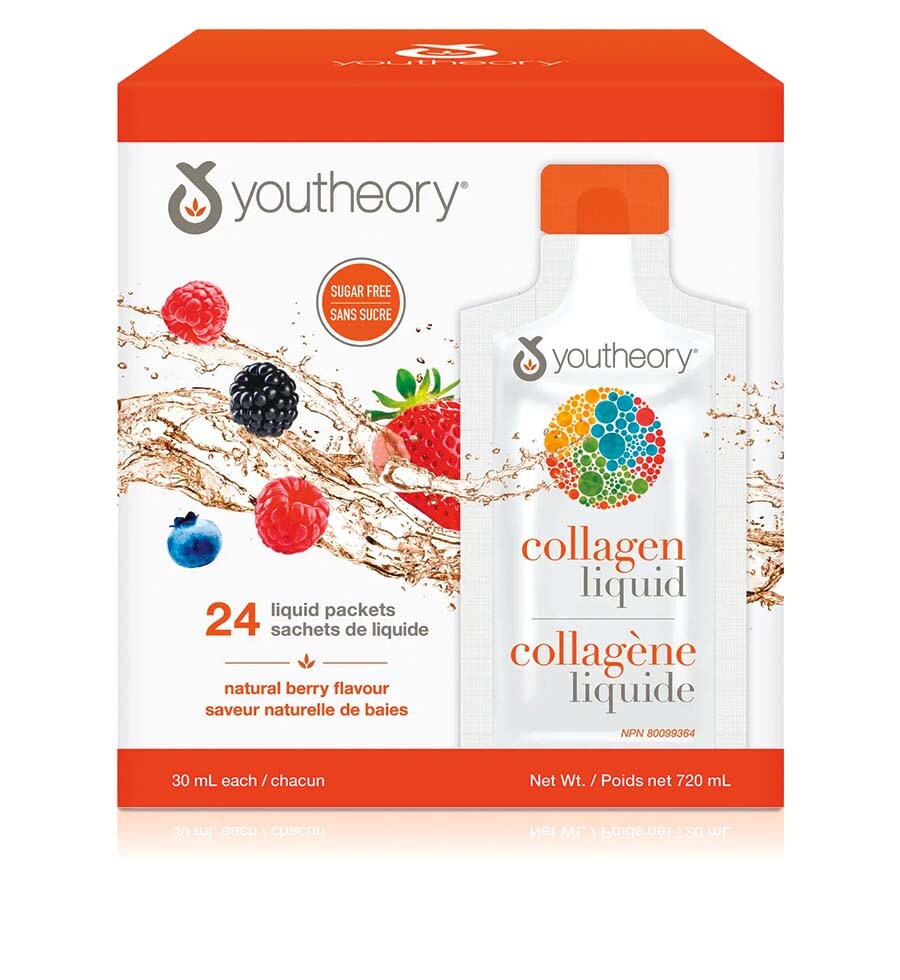 Publicité pour youtheory, Collagène Liquide, 24 sachets, avec des baies