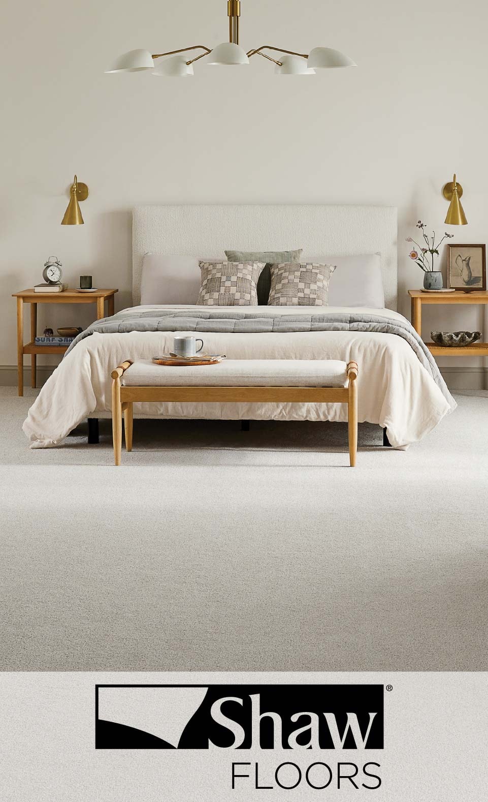 Minimalist bedroom with neutral decor featuring Shaw Floors carpet