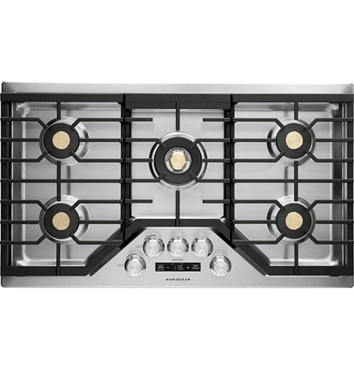 Five-burner gas cooktop with stainless steel finish