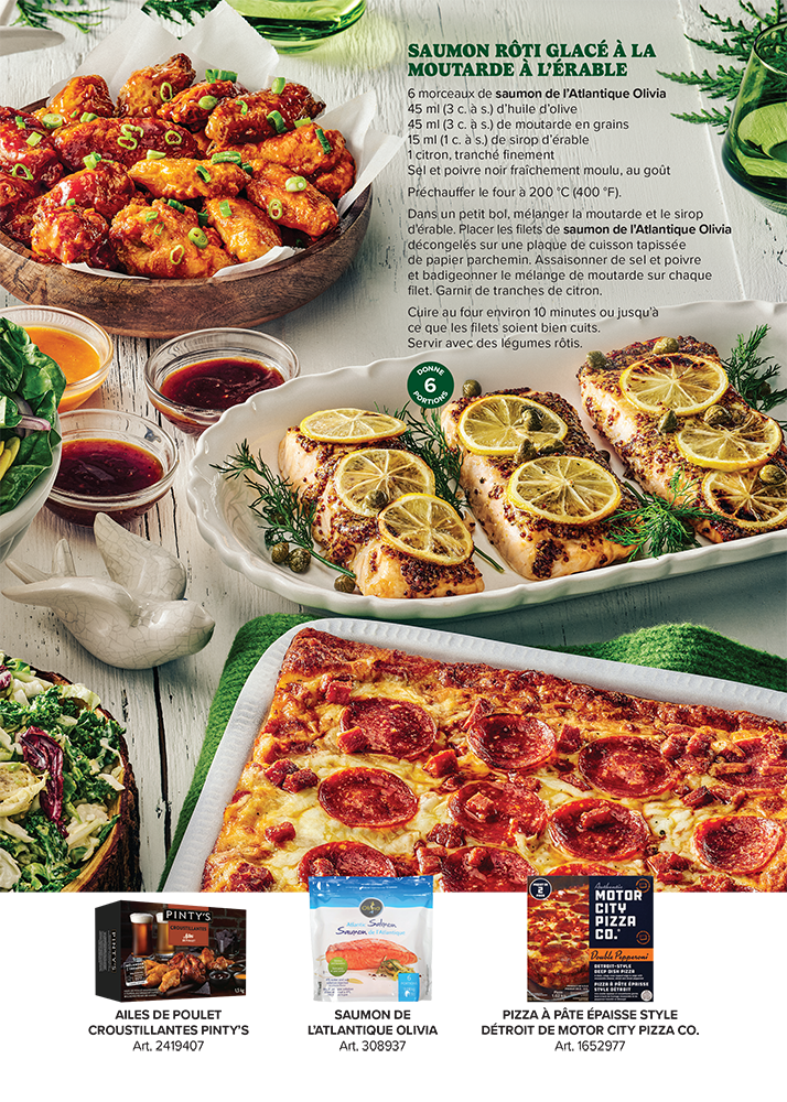Image publicitaire montrant divers plats préparés, incluant saumon, poulet, et pizza, disponibles à la vente