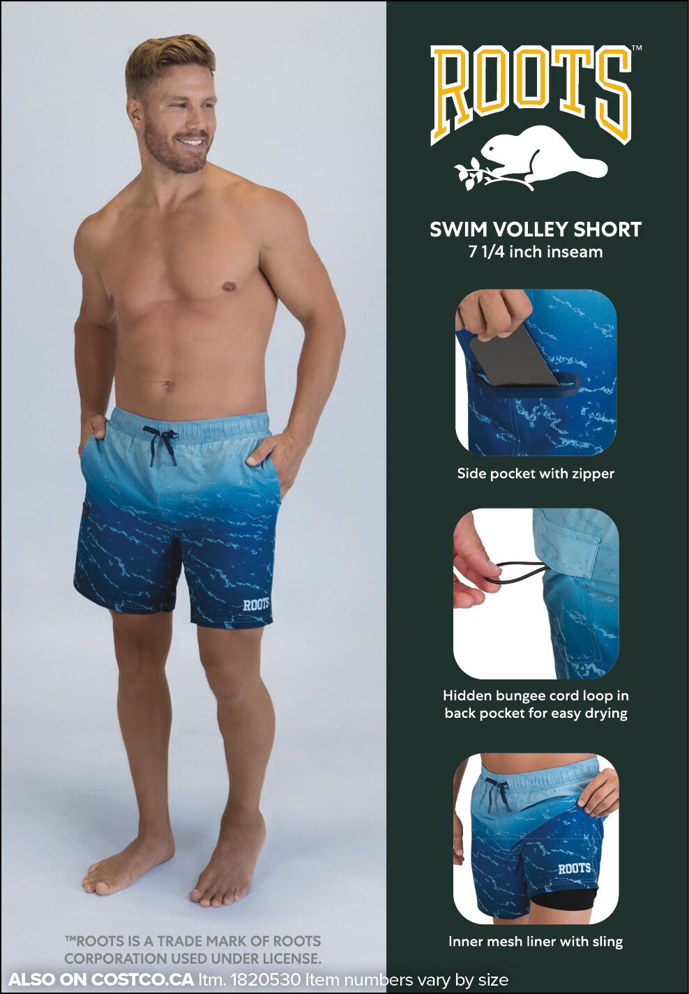 Ad for Roots Swim Volley Shorts featuring a smiling man modeling blue patterned shorts with detailed views of pocket features